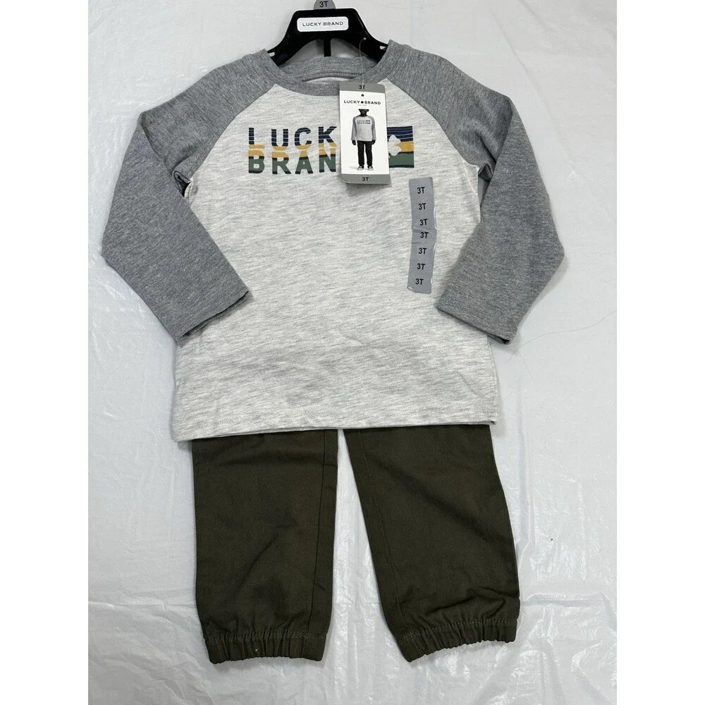 NWT Lucky Brand Boy's 2 Piece Set Size 3T Long Sleeve Gray/Olive